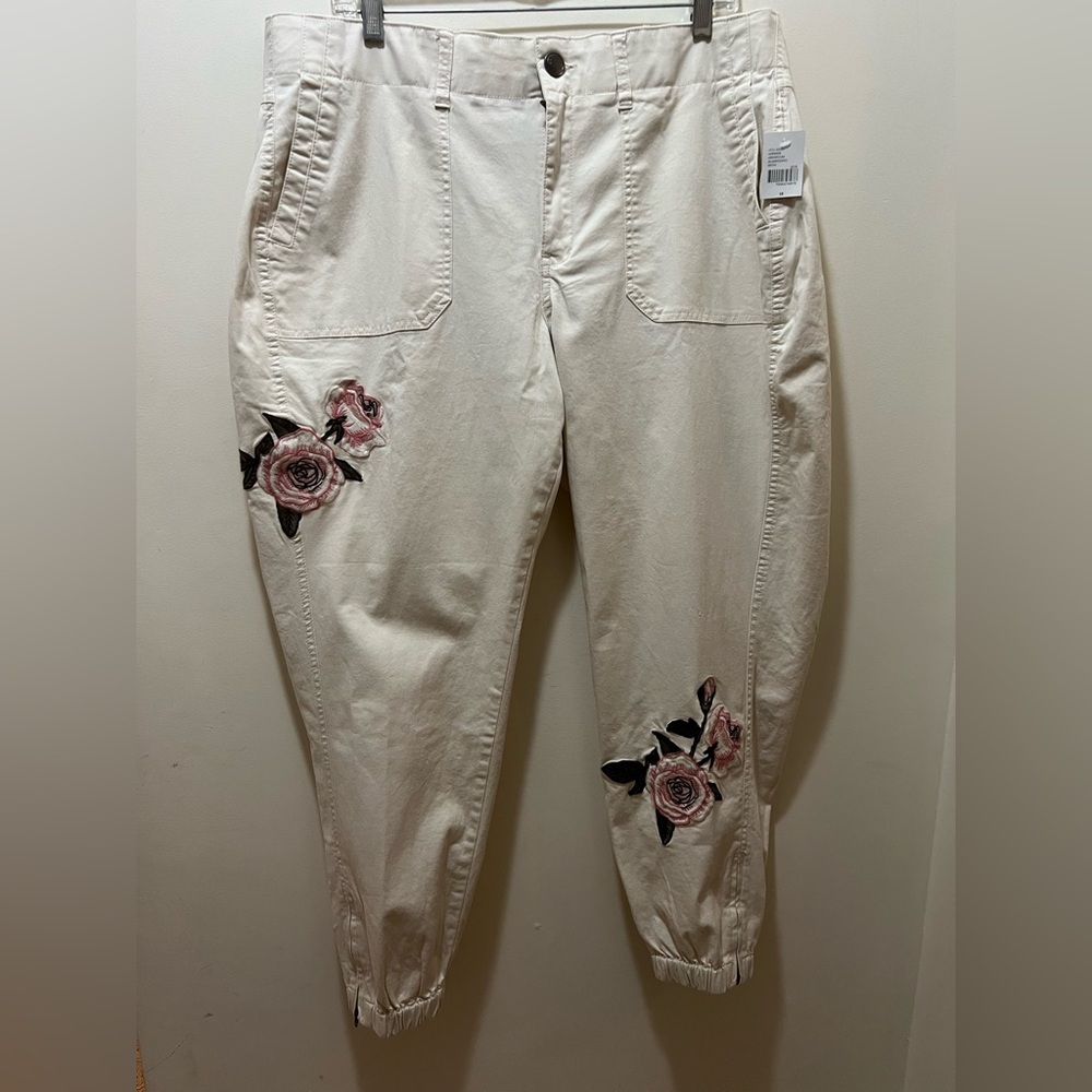 Lane Bryant Birch Embroidered Utility Ankle Pants cream pink roses - Picture 3 of 10